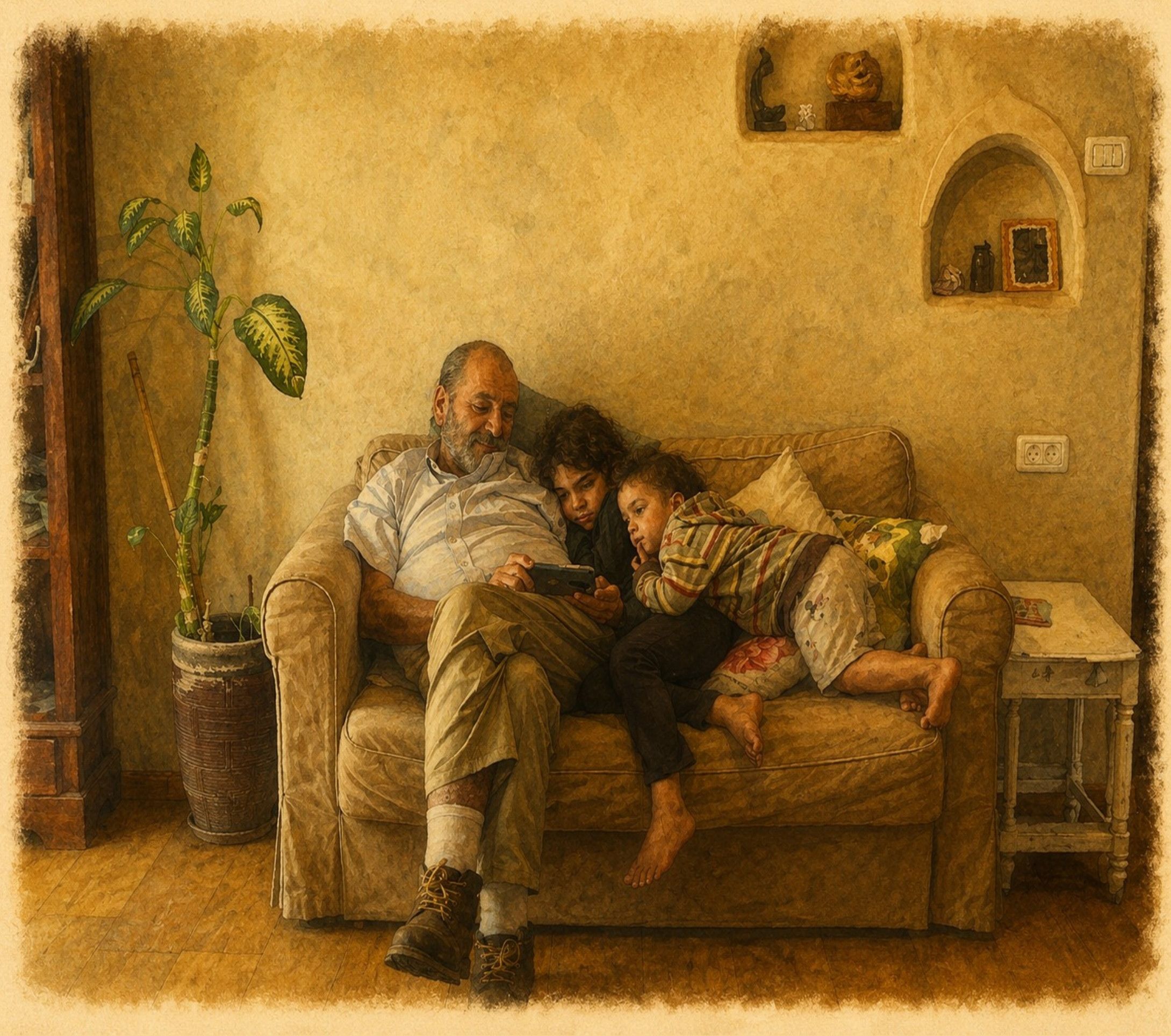 סבא מוריס יושב עם שני הנכדים על הספה