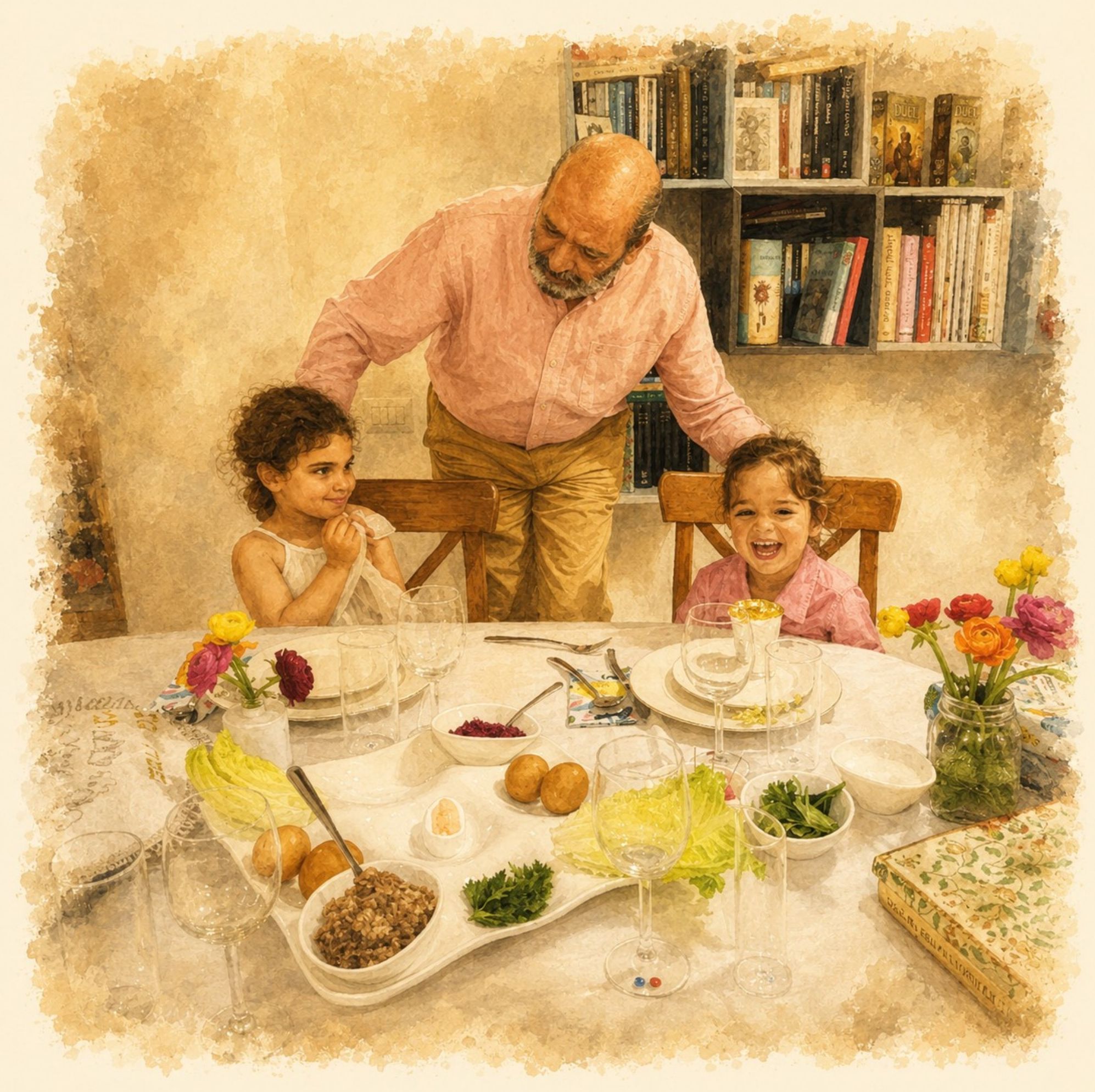 סבא מאכיל את הנכדים סביב שולחן