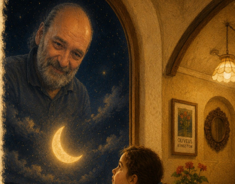 ילדה מסתכלת מהחלון על סבא מרחף בין הכוכבים