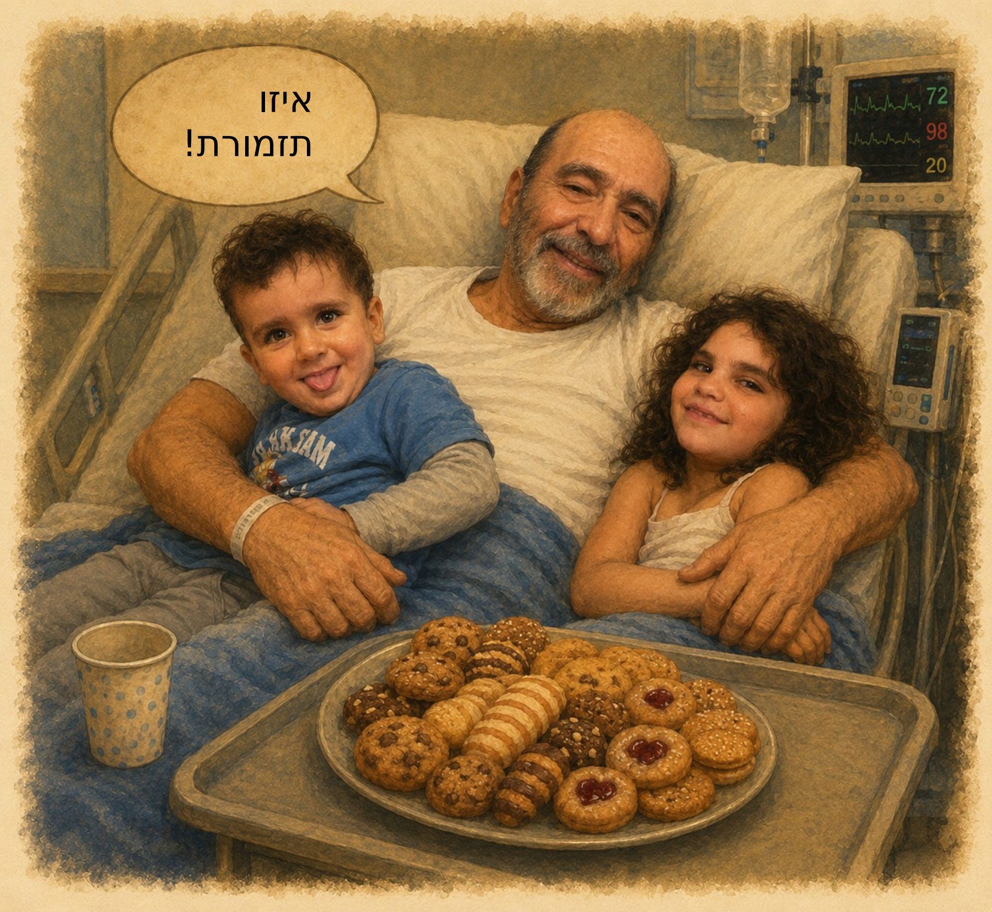 סבא בבית החולים עם הילדים ומגש עוגיות